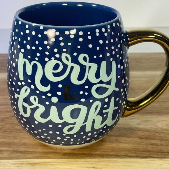 Threshold Merry & Bright Blue Specked Gold Handle Bubble Holiday Christmas Mug - Picture 1 of 8